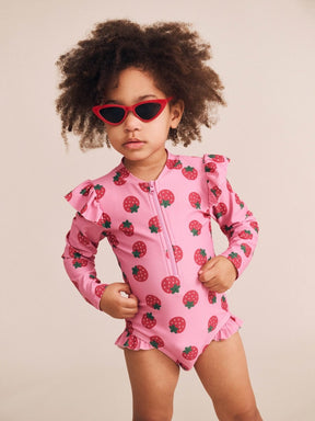 STRAWBERRY FIELDS FRILL RASH GUARD ONE PIECE SWIMSUIT - HUXBABY