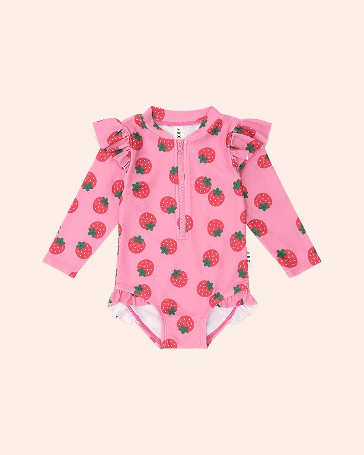 STRAWBERRY FIELDS FRILL RASH GUARD ONE PIECE SWIMSUIT (PREORDER) - ONE PIECE SWIMSUIT