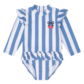 VINTAGE STRIPE CHERRY PEPLUM RASH GUARD ONE PIECE SWIMSUIT - HUXBABY