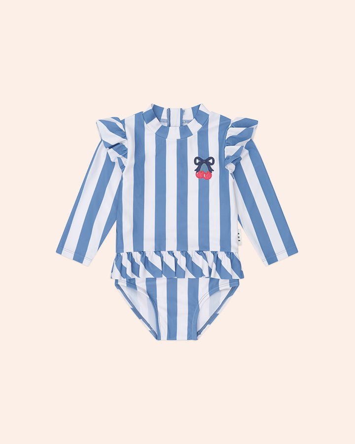 VINTAGE STRIPE CHERRY PEPLUM RASH GUARD ONE PIECE SWIMSUIT (PREORDER) - ONE PIECE SWIMSUIT