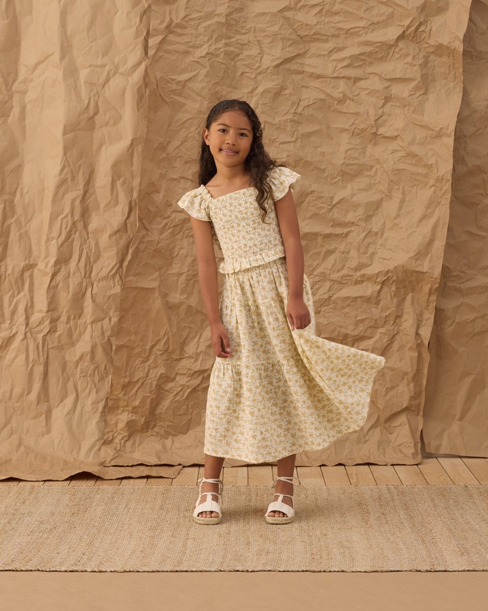 ZAYLA FLORAL SMOCKED TOP AND TIERED MIDI SKIRT SET - SET