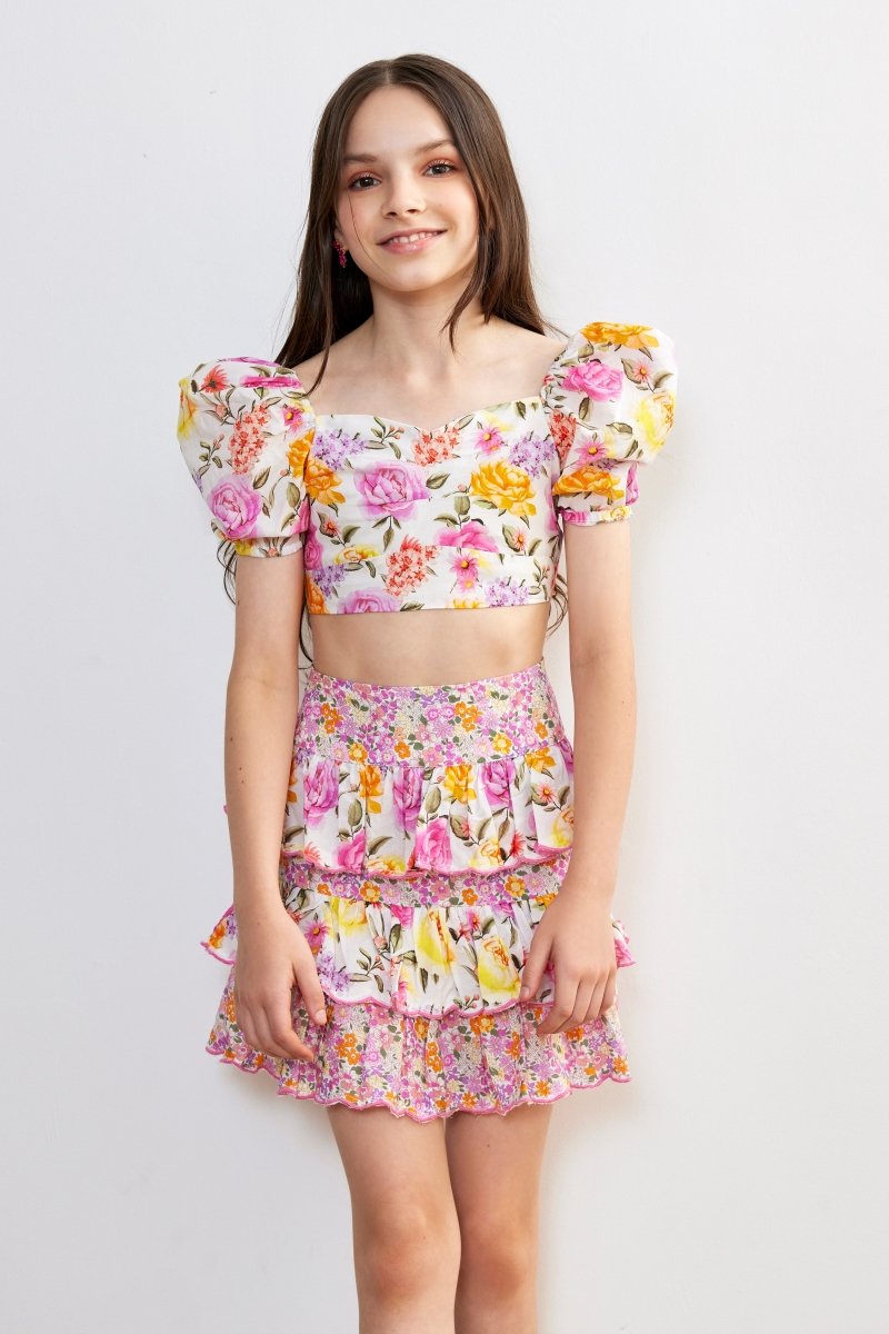 BLAIRE FLORAL PUFF SLEEVE CROP TOP AND SKIRT SET - SET