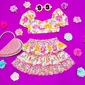 BLAIRE FLORAL PUFF SLEEVE CROP TOP AND SKIRT SET - SET