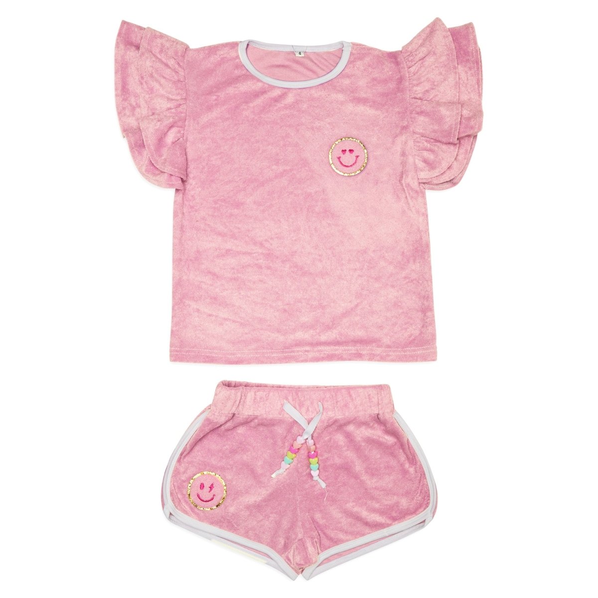 CALI SMILEY TERRY RUFFLE TOP AND SHORTS SET (PREORDER) - MINI DREAMERS