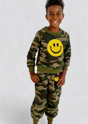 CAMO SMILEY FACE SWEATSHIRT AND SWEATPANTS SET (PREORDER) - LOLA AND THE BOYS