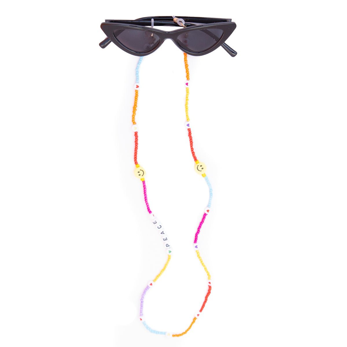 CAT EYE SUNGLASSES WITH HAPPY FACE PEACE BEADED CHAIN - SUNGLASSES