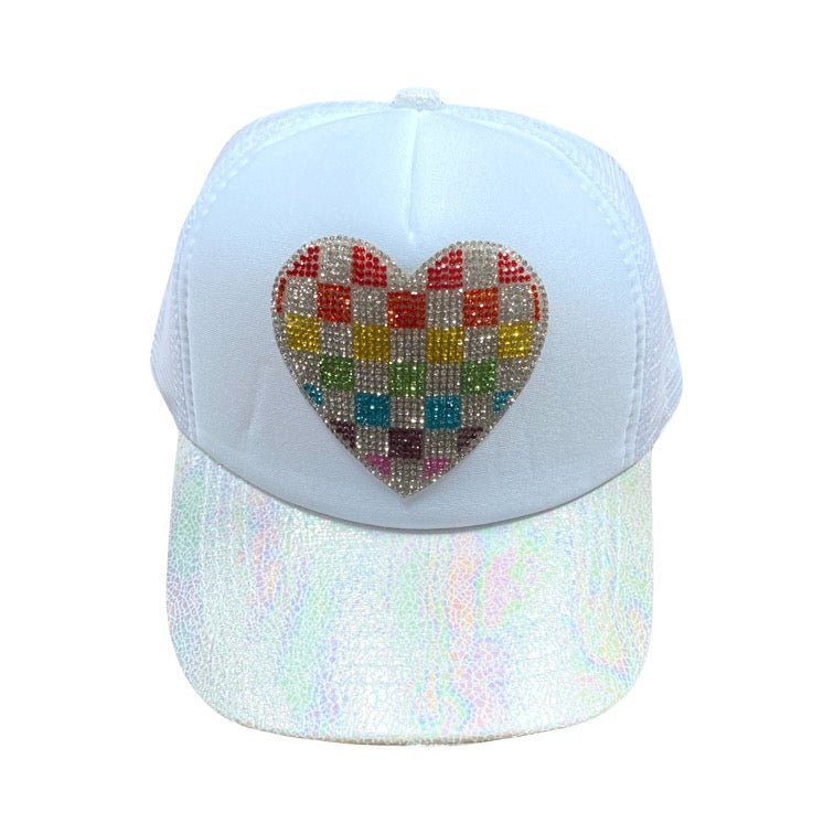 CHECKERED CRYSTAL HEART IRIDESCENT HAT - HATS