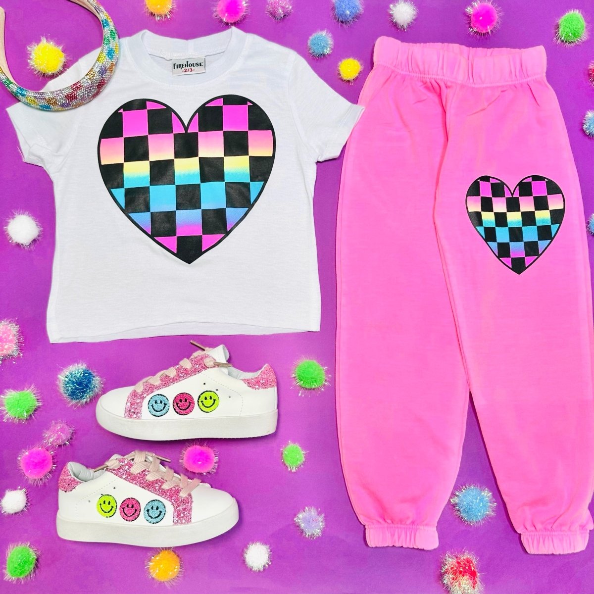 CHECKERED HEARTS NEON SWEATPANTS - FIREHOUSE