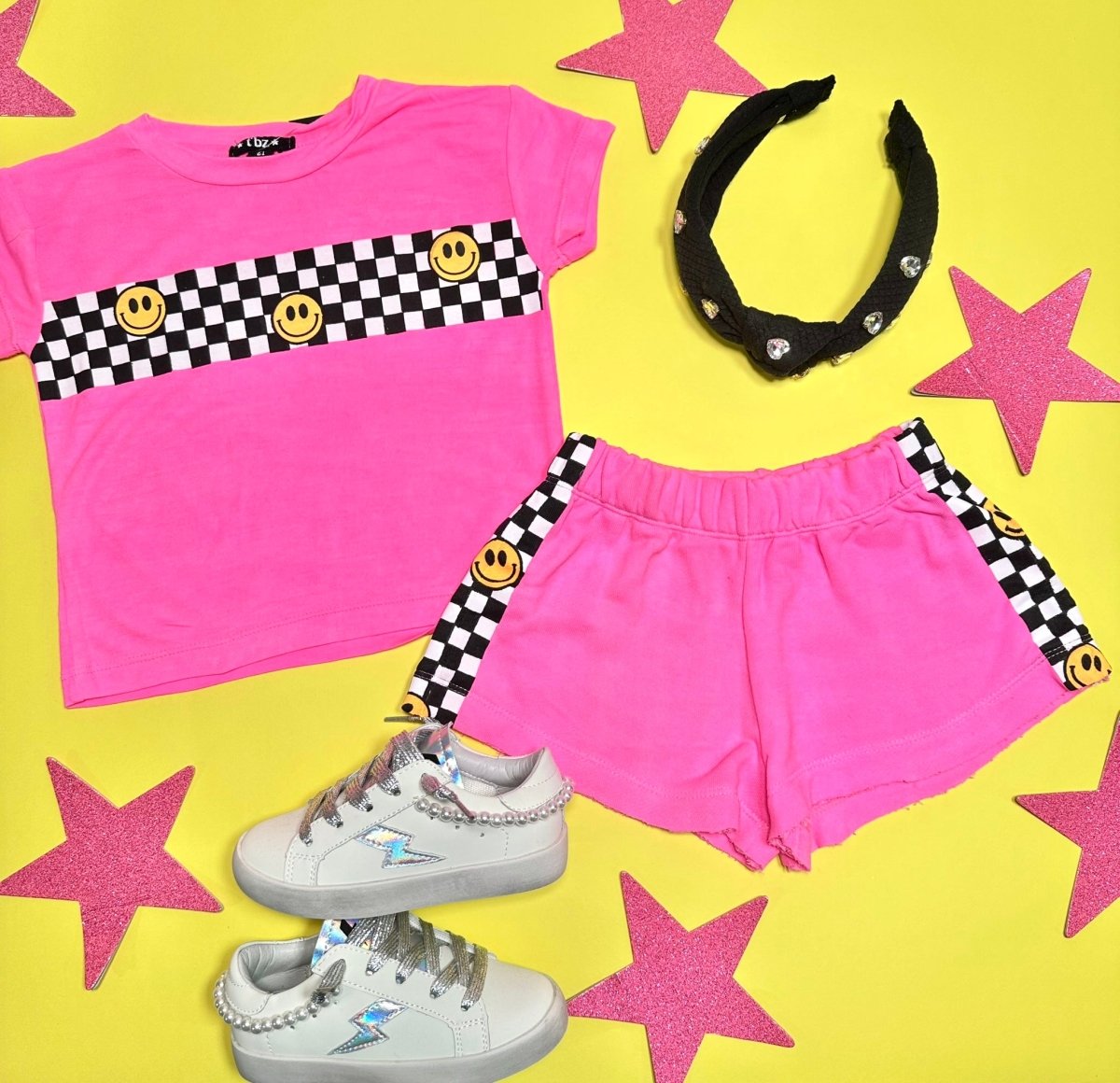 CHECKERED SMILEY FACE SHORTS - FLOWERS BY ZOE