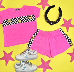 CHECKERED SMILEY FACE TSHIRT - FLOWERS BY ZOE