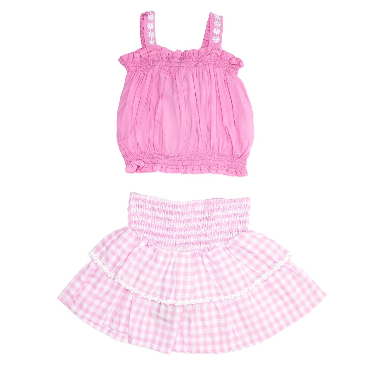 DAISY TRIM TOP AND GINGHAM RUFFLE SKIRT SET - BELA & NUNI