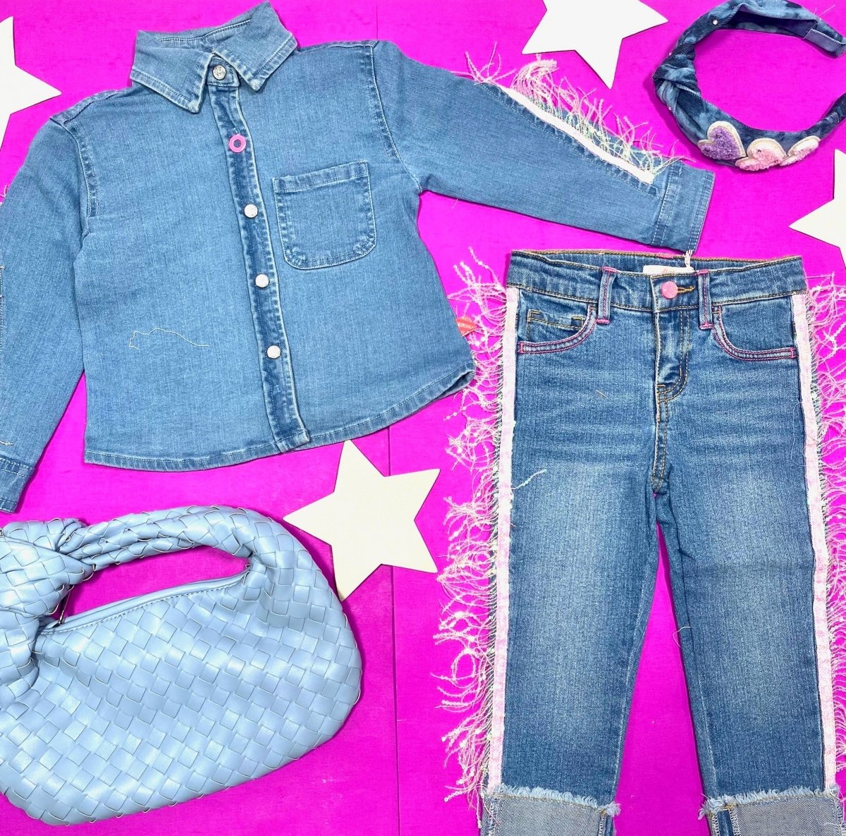 DENIM BUTTON DOWN W/ SEQUIN TRIM - BUTTON DOWNS