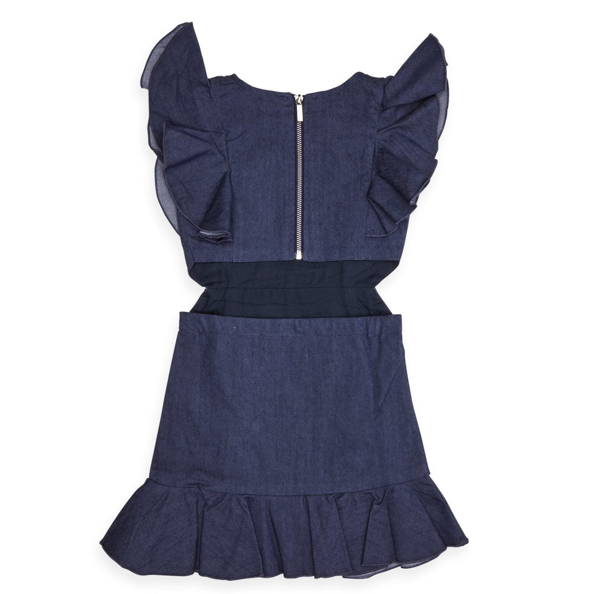 DENIM CUTOUT RUFFLE DRESS - LITTLE OLIN