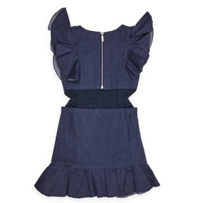DENIM CUTOUT RUFFLE DRESS - LITTLE OLIN
