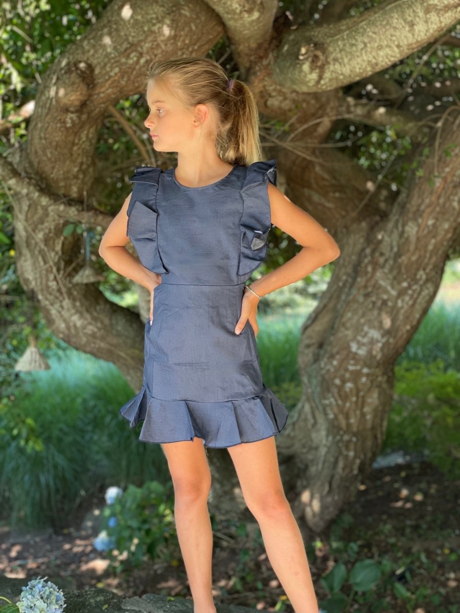 DENIM CUTOUT RUFFLE DRESS - DRESSES