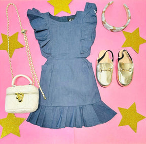DENIM CUTOUT RUFFLE DRESS - DRESSES