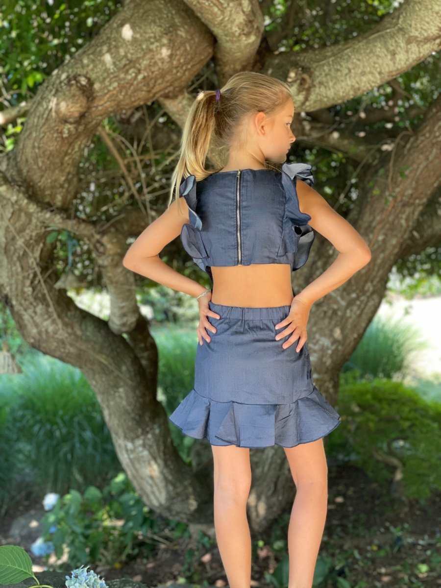DENIM CUTOUT RUFFLE DRESS - DRESSES