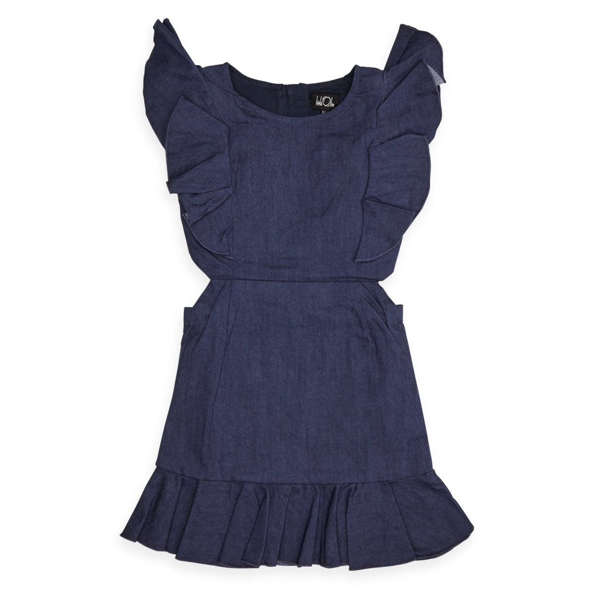 DENIM CUTOUT RUFFLE DRESS - LITTLE OLIN