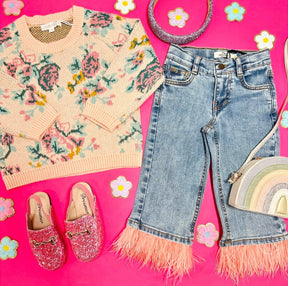 DENIM PANTS W/ FEATHER TRIM - ANDORINE