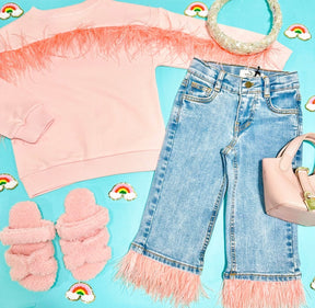DENIM PANTS W/ FEATHER TRIM - ANDORINE