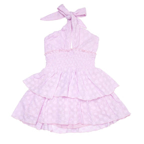 EYELET HALTER RUFFLE DRESS - DRESSES