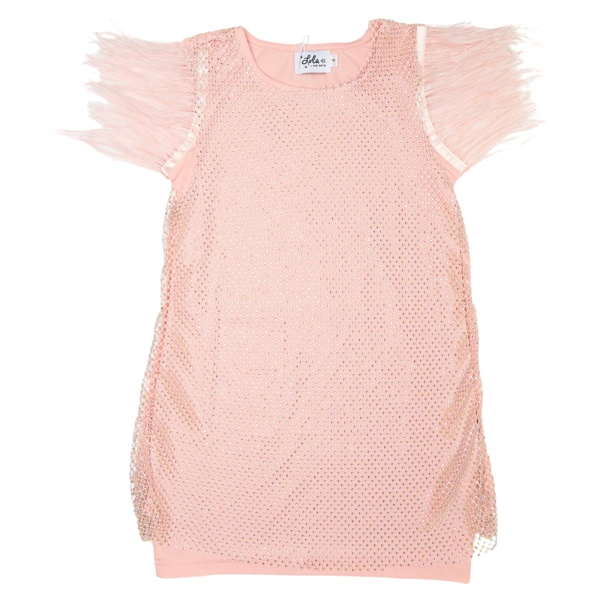 FEATHER TRIM CRYSTAL MESH DRESS - LOLA AND THE BOYS