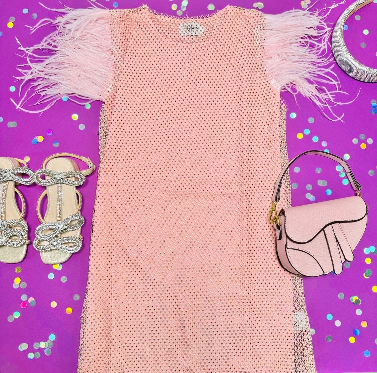FEATHER TRIM CRYSTAL MESH DRESS (PREORDER) - LOLA AND THE BOYS