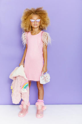 FEATHER TRIM CRYSTAL MESH DRESS (PREORDER) - LOLA AND THE BOYS