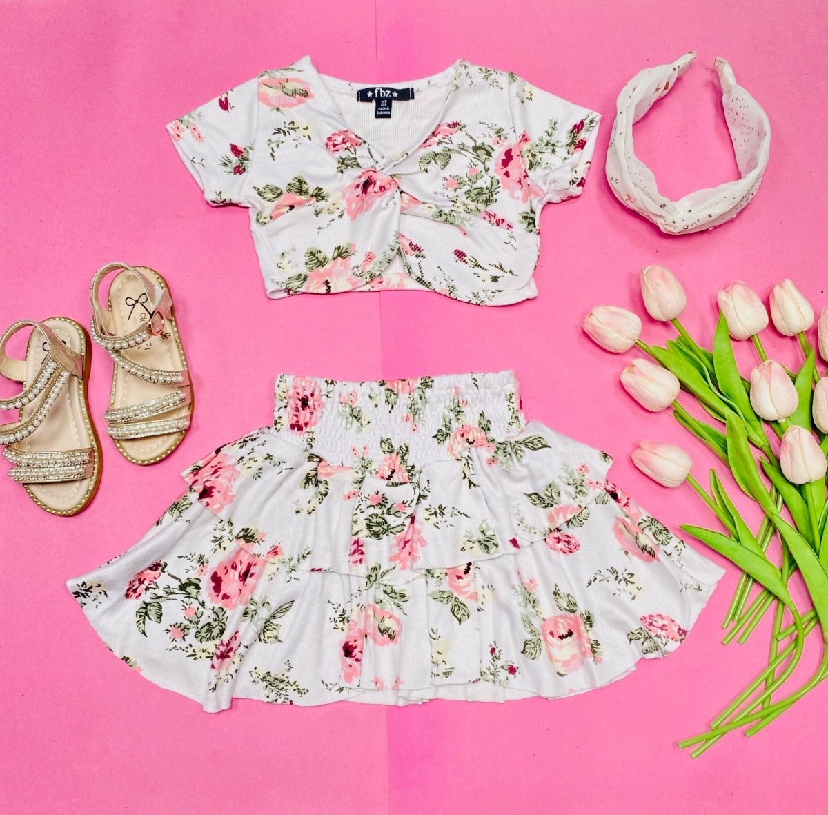 FLORAL CROPPED TOP AND RUFFLE SKIRT SET - SET