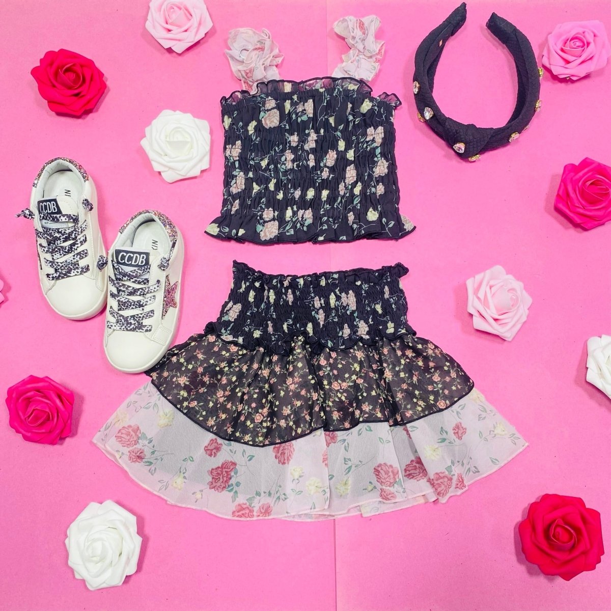 FLORAL SMOCKED TOP AND RUFFLE SKIRT SET - SET