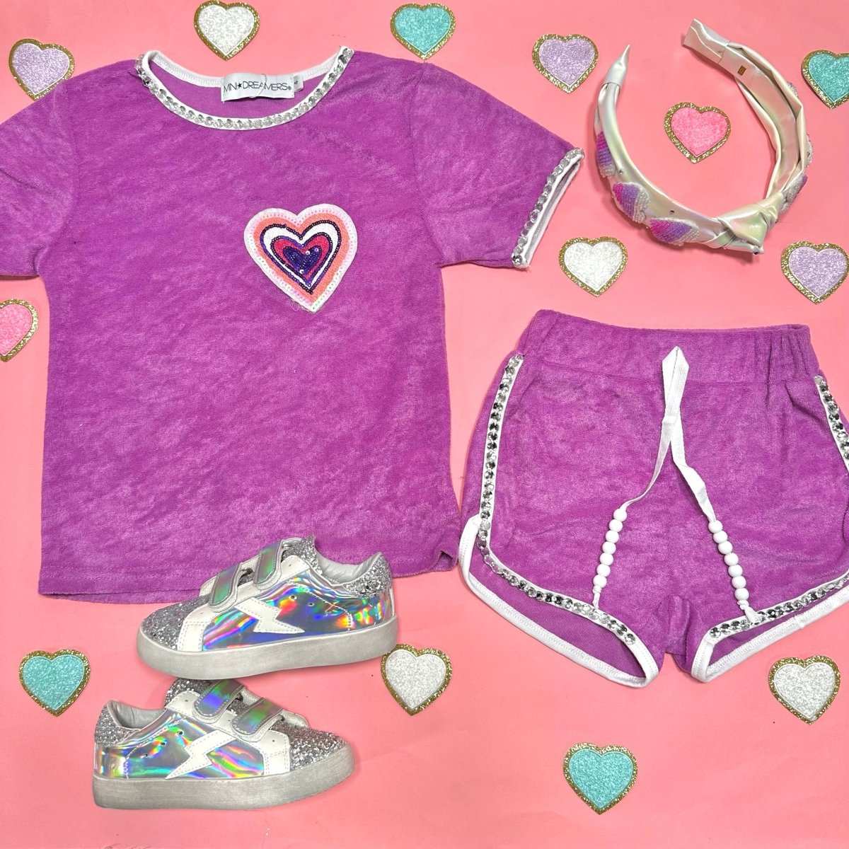 HARPER TERRY HEART TOP AND BEADED SHORTS SET - MINI DREAMERS