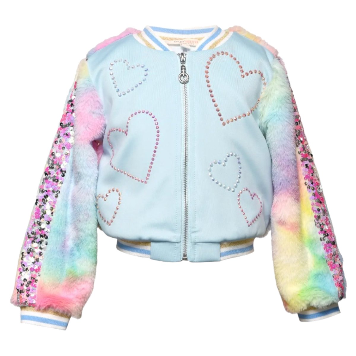 HEART TIE DYE FLIP SEQUIN FAUX FUR BOMBER JACKET - JACKETS