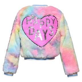 HEART TIE DYE FLIP SEQUIN FAUX FUR BOMBER JACKET - JACKETS