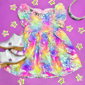 IRIDESCENT SEQUIN BUBBLE SLEEVE DRESS - SPARKLE BY STOOPHER