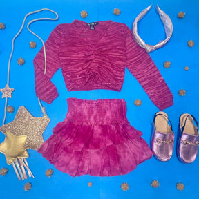 KNITTED LONG SLEEVE CROP TOP AND RUFFLE SKIRT SET - SET