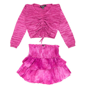 KNITTED LONG SLEEVE CROP TOP AND RUFFLE SKIRT SET - SET