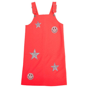 METALLIC PATCHES NEON OVERALL DRESS - DRESSES