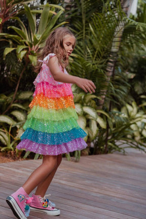 NEON SEQUIN RUFFLE TIERED DRESS (PREORDER) - LOLA AND THE BOYS