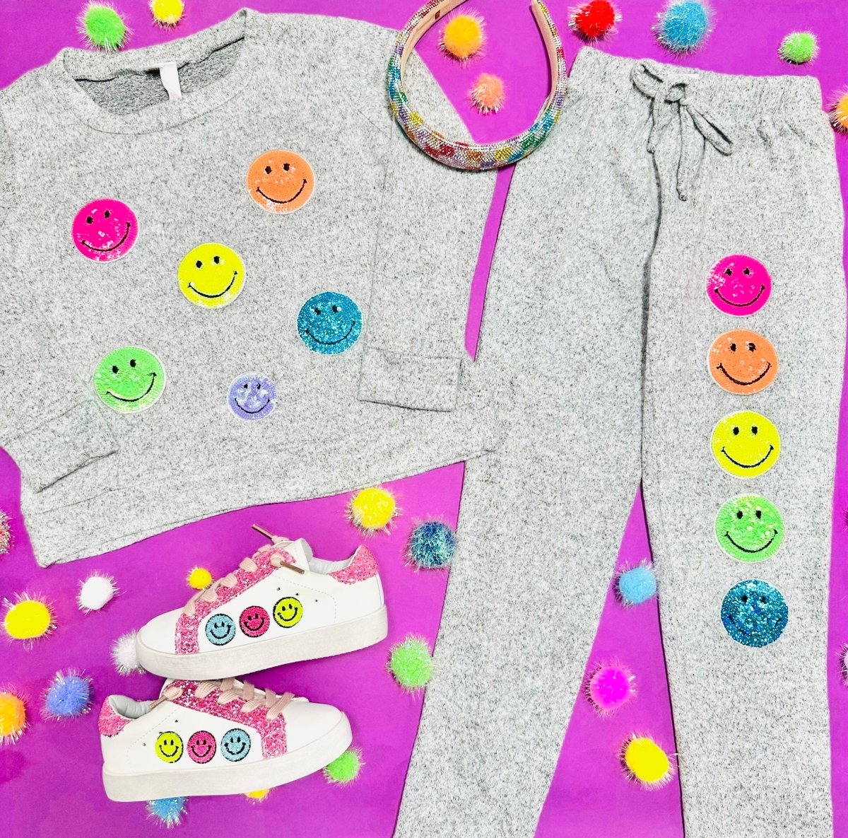 NEON SEQUIN SMILEY FACE HACCHI SWEATPANTS - MALIBU SUGAR