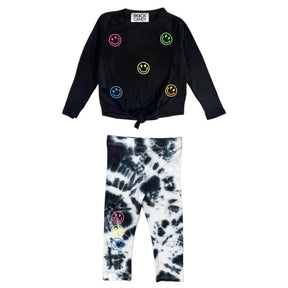 NEON SMILEY FACE LONG SLEEVE TOP AND TIE DYE LEGGINGS SET - ROCK CANDY