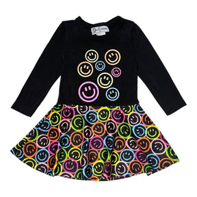 NEON SMILEY FACE RUFFLE LONG SLEEVE DRESS by DORI CREATIONS | Kids Fashion | Mini Dreamers NEON SMILEY FACE RUFFLE LONG SLEEVE DRESS by DORI CREATIONS | Kids Fashion | Mini Dreamers