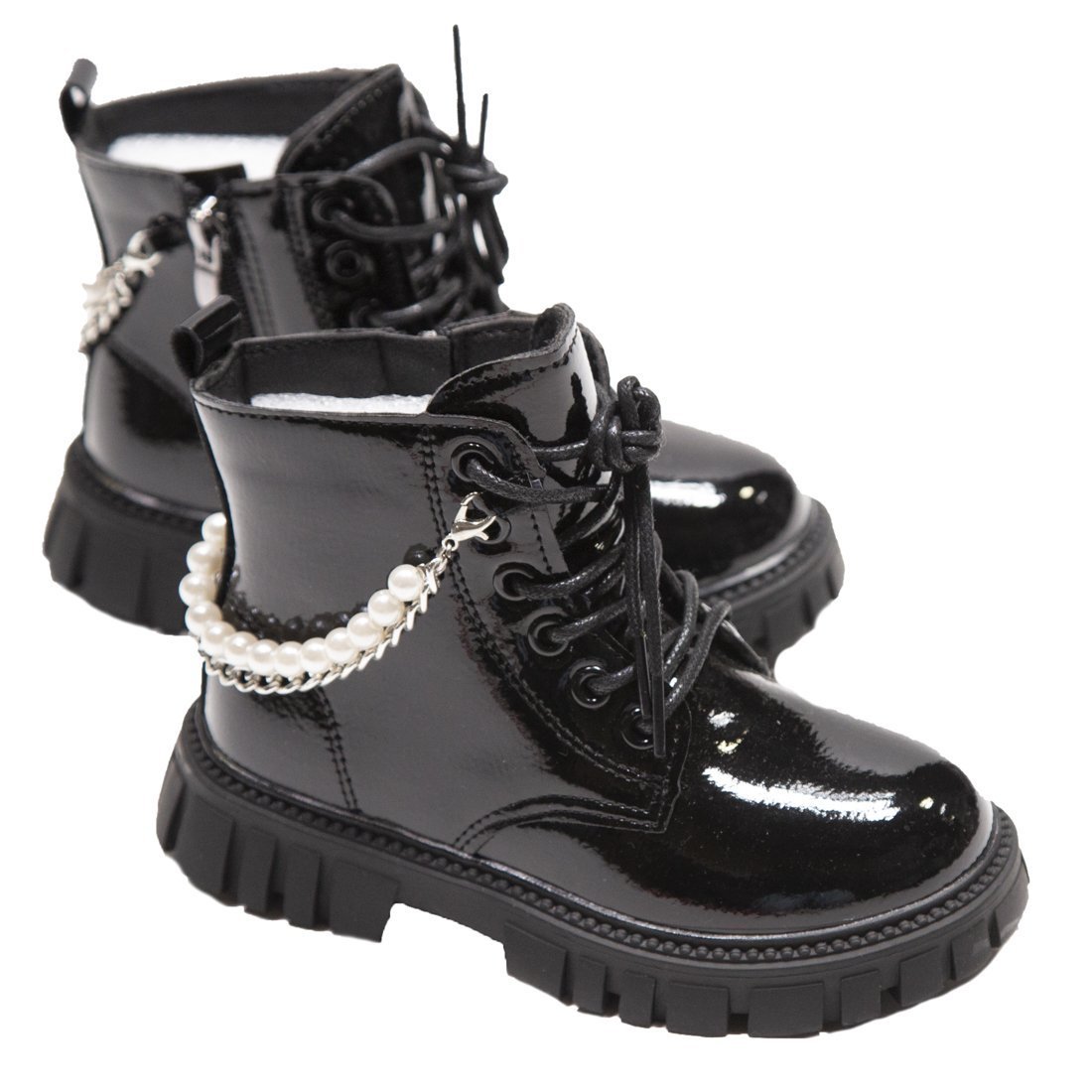 PEARL CHAIN PATENT BOOTS - BOOTS