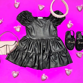 PLEATHER PUFF SHOULDER RUFFLE DRESS - DRESSES