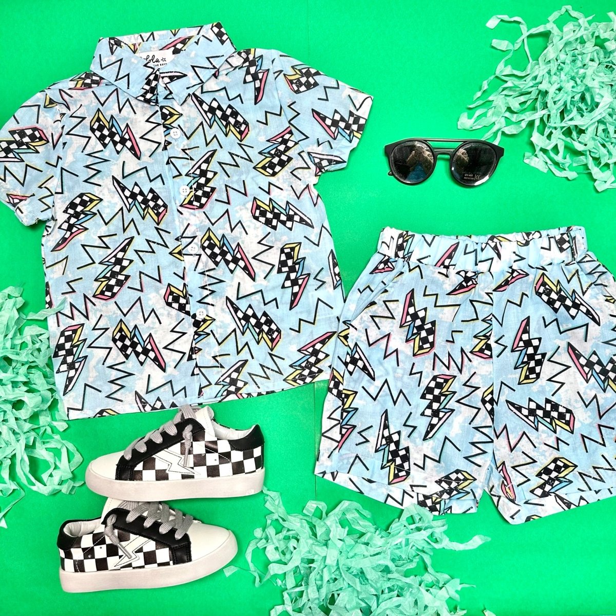RACER LIGHTNING BUTTON DOWN AND SHORTS SET - LOLA AND THE BOYS