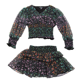 RAINBOW FLORAL BLOUSE AND RUFFLE SKIRT SET - SET
