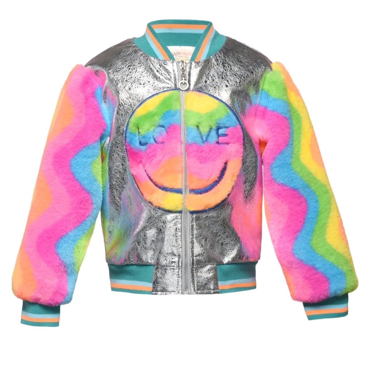 RAINBOW SMILEY FACE FAUX FUR METALLIC BOMBER JACKET - JACKETS