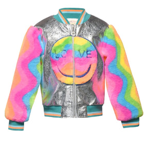 RAINBOW SMILEY FACE FAUX FUR METALLIC BOMBER JACKET - JACKETS