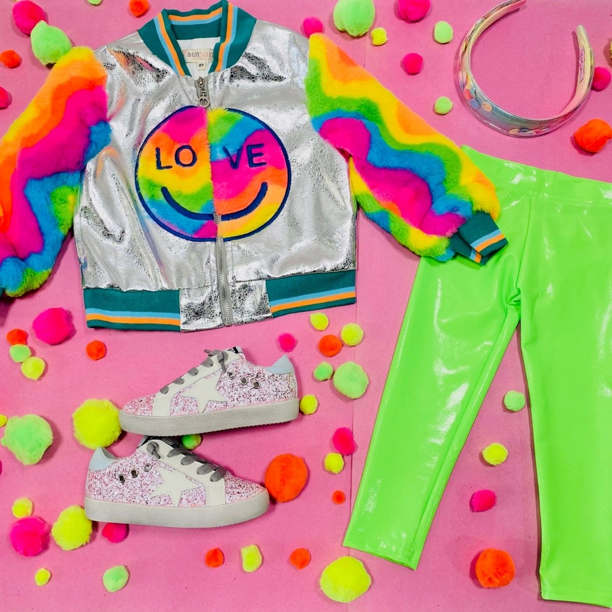 RAINBOW SMILEY FACE FAUX FUR METALLIC BOMBER JACKET - JACKETS