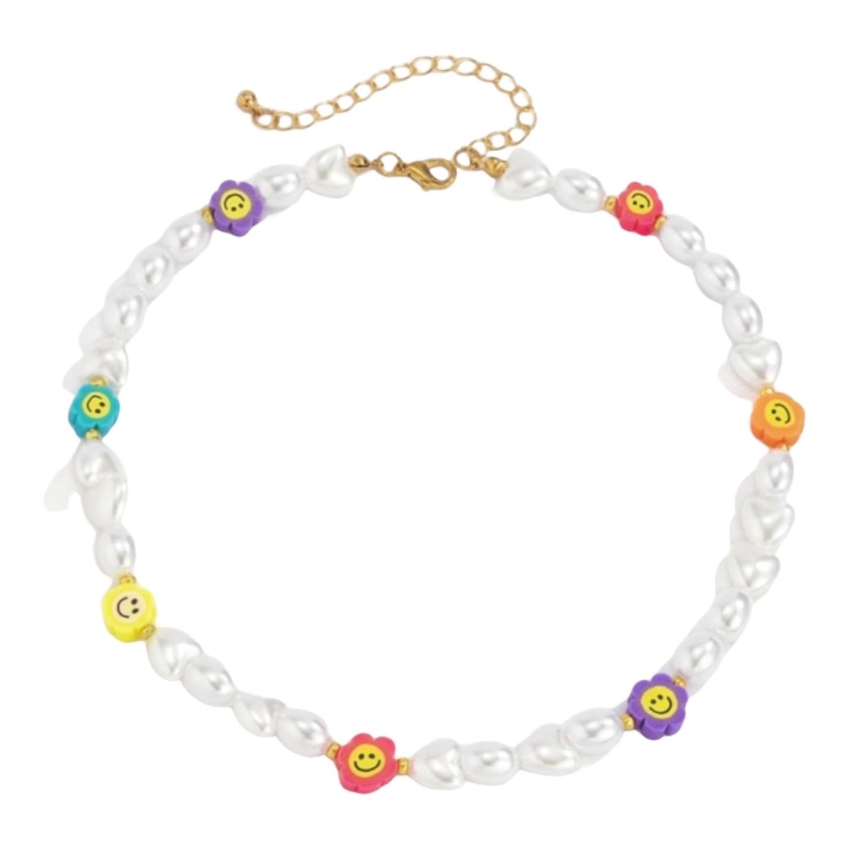 RAINBOW SMILEY FACE FLOWER & PEARLS NECKLACE - NECKLACES