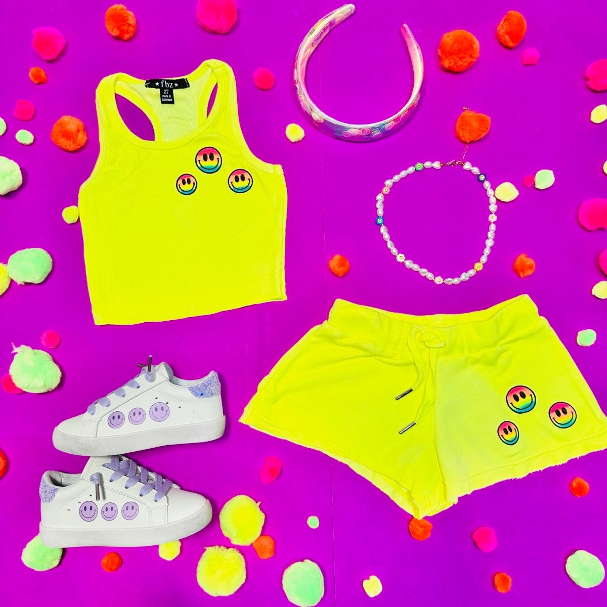 RAINBOW SMILEY FACE NEON SHORTS - SHORTS